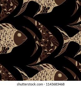 Fish. Seamless Pattern with Colorful Fish Hand Drawn in Zentangle Style. Sea Pattern for Paper, Chintz, Print. Bright Simple Texture in Trendy Colors. Vector Illustration.