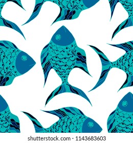 Fish. Seamless Pattern with Colorful Fish Hand Drawn in Childish Style. Sea Pattern for Paper, Fabric, Print. Bright Simple Texture in Trendy Colors. Vector Illustration.