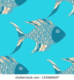 Fish. Seamless Pattern with Colorful Fish Hand Drawn in Zentangle Style. Sea Pattern for Paper, Chintz, Print. Bright Simple Texture in Trendy Colors. Vector Illustration.
