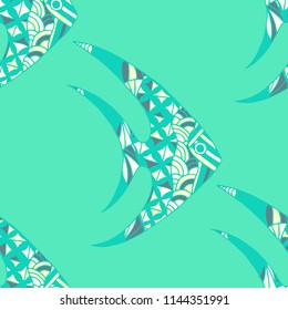 Fish. Seamless Pattern with Colorful Fish Hand Drawn in Doodle Style. Sea Pattern for Paper, Chintz, Swimwear. Bright Simple Texture in Trendy Colors. Vector Illustration.