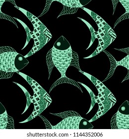 Fish. Seamless Pattern with Colorful Fish Hand Drawn in Primitive Style. Sea Pattern for Textile, Fabric, Print. Bright Simple Texture in Trendy Colors. Vector Illustration.