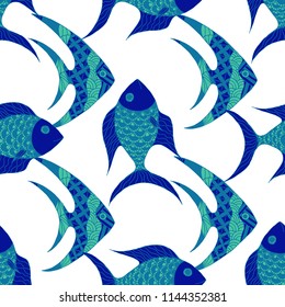 Fish. Seamless Pattern with Colorful Fish Hand Drawn in Comic Style. Sea Pattern for Paper, Fabric, Print. Bright Simple Texture in Trendy Colors. Vector Illustration.