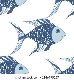 Fish. Seamless Pattern with Colorful Fish Hand Drawn in Childish Style. Sea Pattern for Paper, Fabric, Print. Bright Simple Texture in Trendy Colors. Vector Illustration.