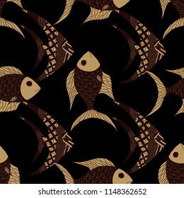 Fish. Seamless Pattern with Colorful Fish Hand Drawn in Doodle Style. Sea Pattern for Paper, Chintz, Print. Bright Simple Texture in Trendy Colors. Vector Illustration.