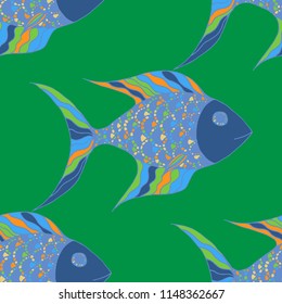 Fish. Seamless Pattern with Colorful Fish Hand Drawn in Zentangle Style. Sea Pattern for Paper, Chintz, Swimwear. Bright Simple Texture in Trendy Colors. Vector Illustration.