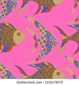 Fish. Seamless Pattern with Colorful Fish Hand Drawn in Childish Style. Sea Pattern for Paper, Chintz, Print. Bright Simple Texture in Trendy Colors. Vector Illustration.