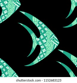 Fish. Seamless Pattern with Colorful Fish Hand Drawn in Zentangle Style. Sea Pattern for Paper, Chintz, Swimwear. Bright Simple Texture in Trendy Colors. Vector Illustration.