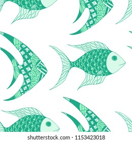 Fish. Seamless Pattern with Colorful Fish Hand Drawn in Childish Style. Sea Pattern for Paper, Fabric, Print. Bright Simple Texture in Trendy Colors. Vector Illustration.