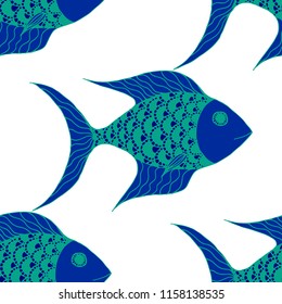 Fish. Seamless Pattern with Colorful Fish Hand Drawn in Childish Style. Sea Pattern for Textile, Fabric, Print. Bright Simple Texture in Trendy Colors. Vector Illustration.
