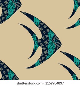 Fish. Seamless Pattern with Colorful Fish Hand Drawn in Childish Style. Sea Pattern for Paper, Chintz, Swimwear. Bright Simple Texture in Trendy Colors. Vector Illustration.