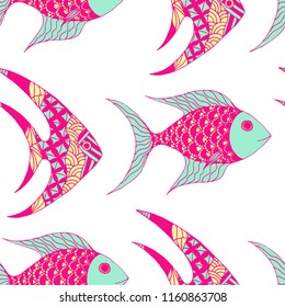 Fish. Seamless Pattern with Colorful Fish Hand Drawn in Doodle Style. Sea Pattern for Paper, Chintz, Swimwear. Bright Simple Texture in Trendy Colors. Vector Illustration.