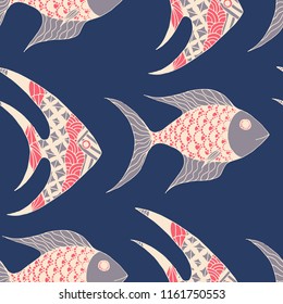 Fish. Seamless Pattern with Colorful Fish Hand Drawn in Zentangle Style. Sea Pattern for Paper, Chintz, Print. Bright Simple Texture in Trendy Colors. Vector Illustration.