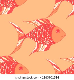 Fish. Seamless Pattern with Colorful Fish Hand Drawn in Zentangle Style. Sea Pattern for Paper, Chintz, Swimwear. Bright Simple Texture in Trendy Colors. Vector Illustration.