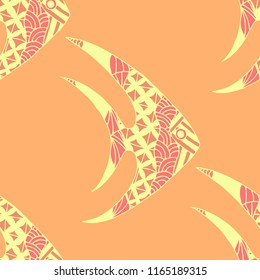 Fish. Seamless Pattern with Colorful Fish Hand Drawn in Doodle Style. Sea Pattern for Paper, Chintz, Print. Bright Simple Texture in Trendy Colors. Vector Illustration.