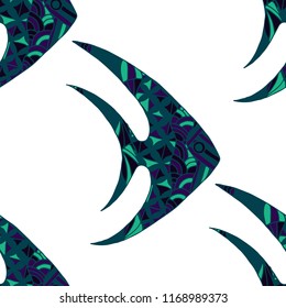 Fish. Seamless Pattern with Colorful Fish Hand Drawn in Comic Style. Sea Pattern for Paper, Fabric, Print. Bright Simple Texture in Trendy Colors. Vector Illustration.