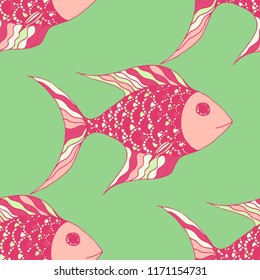 Fish. Seamless Pattern with Colorful Fish Hand Drawn in Comic Style. Sea Pattern for Paper, Chintz, Print. Bright Simple Texture in Trendy Colors. Vector Illustration.