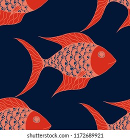 Fish. Seamless Pattern with Colorful Fish Hand Drawn in Comic Style. Sea Pattern for Paper, Fabric, Print. Bright Simple Texture in Trendy Colors. Vector Illustration.
