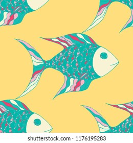 Fish. Seamless Pattern with Colorful Fish Hand Drawn in Childish Style. Sea Pattern for Textile, Fabric, Print. Bright Simple Texture in Trendy Colors. Vector Illustration.