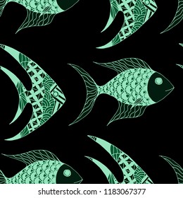 Fish. Seamless Pattern with Colorful Fish Hand Drawn in Zentangle Style. Sea Pattern for Paper, Chintz, Print. Bright Simple Texture in Trendy Colors. Vector Illustration.