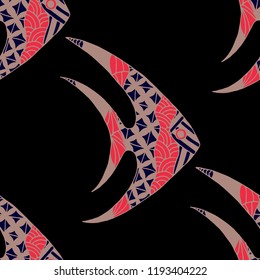 Fish. Seamless Pattern with Colorful Fish Hand Drawn in Zentangle Style. Sea Pattern for Paper, Chintz, Swimwear. Bright Simple Texture in Trendy Colors. Vector Illustration.