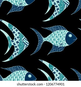 Fish. Seamless Pattern with Colorful Fish Hand Drawn in Zentangle Style. Sea Pattern for Paper, Fabric, Print. Bright Simple Texture in Trendy Colors. Vector Illustration.