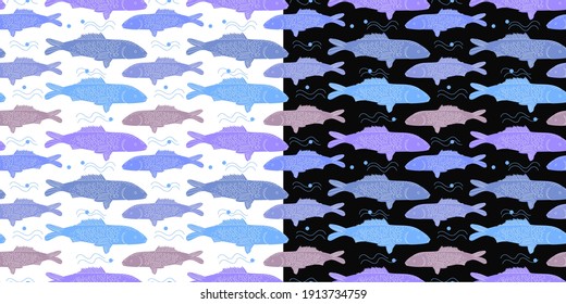 patrón sin soldadura de peces, peces coloridos sobre fondo blanco y negro, ilustración vectorial