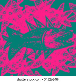 Fish seamless pattern. Colorful predatory fish pattern.