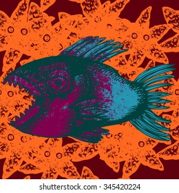 Fish seamless pattern. Colorful predatory fish pattern.