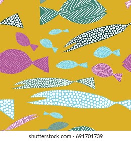 Fish seamless pattern. Colorful fish with stripes and dots. Vector illustration on yellow background