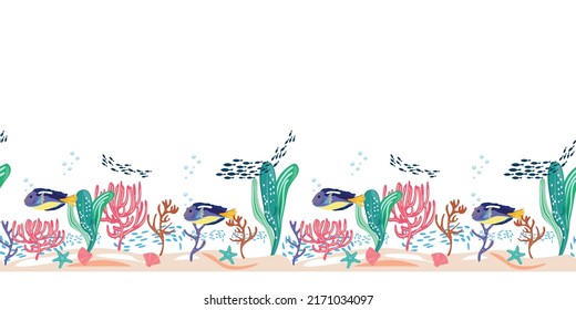 Fish seamless pattern with corals, starfishes and shells. 
