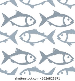 Peixe sem emenda projeto padrão. Ilustração minimalista do papel de parede à beira-mar náutico. Fundo de repetição criativa aquática.