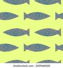 Fish seamless pattern design for print, t-shirt design, design element. Primitive drawing. Colored fish pattern.
