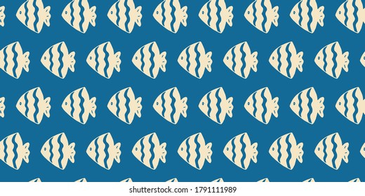 Fish seamless pattern. Doodle hand drawn editable sea illustration. Blue and yellow marine cartoon endless background 