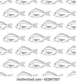 Fish Seamless Pattern. Dorado. Vector illustration for design menus, recipes and packages product.