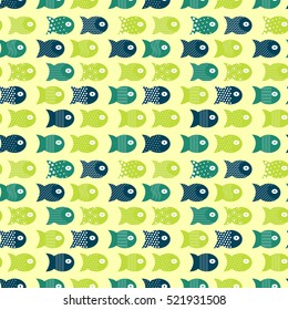 Fish seamless pattern for fabric textile design, pillows, wallpapers,cloth,bags,scrapbook paper. Green, turquoise, yellow blue colors vector illustration