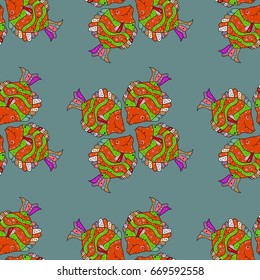 Fish seamless pattern for fabric textile design, pillows, wallpapers, cloth, bags, scrapbook paper. Illustration. On colored background with flowers.
