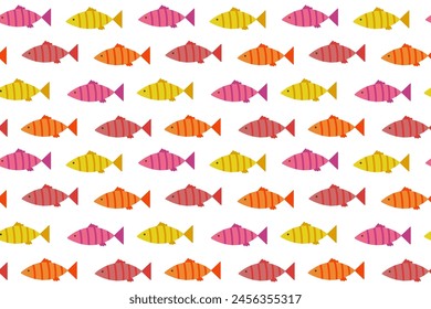 Patrón sin costuras de pescado. Pescados planos dibujados a mano para tela o estampado de papel envolvente. Ilustraciones vectoriales de garabatos de fauna marina.