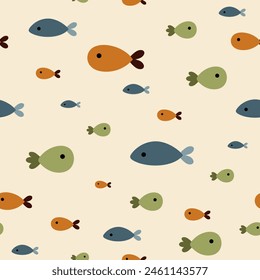 Fish seamless pattern in flat style. Cute sea pattern. Ocean scrapbook paper, fabric, background, print. Nautical hand drawn vector design