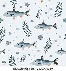 Fisch nahtlose Muster in flachem Stil. In: Sea Digital Paper. Ocean Scrapbooking Papier, Hintergrund, Druck. Handgezeichnete Vektorgrafik