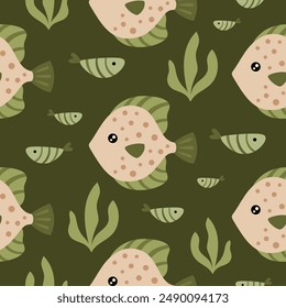 Fish seamless pattern in flat style. Sea digital paper. Ocean scrapbooking paper, background, print. Hand drawn vector pattern