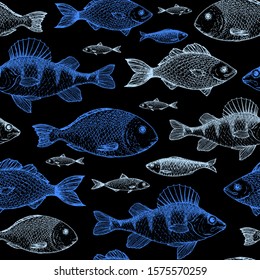 Fish seamless pattern. Hand drawn vector illustration. Seafood vector illustration. Food menu illustration. Hand drawn. Engraved style. Leaflet, brochure, booklet design template