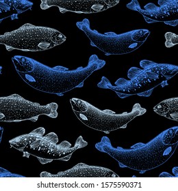 Fish seamless pattern. Hand drawn vector illustration. Seafood vector illustration. Food menu illustration. Hand drawn. Engraved style. Leaflet, brochure, booklet design template