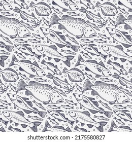 Fish seamless pattern. Hand drawn vector fishes background in vintage style.