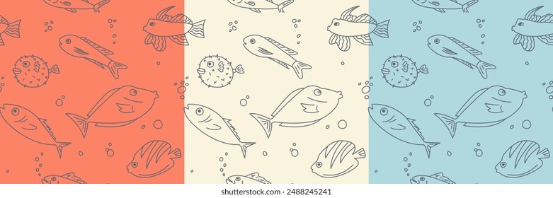 Fish seamless pattern. Hand drawn fishes, line doodle illustration. Vector