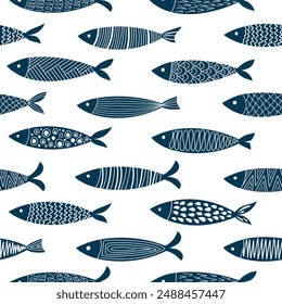 Fish seamless pattern. Hand-drawn vector fish illustration. Geometric and modern. Different types of fish bottom