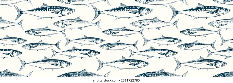 Fish seamless pattern. mackerel Fishes illustration. Hand-Drawn Underwater. Blue and White Nautical Design