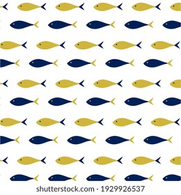 Fish seamless pattern minimalist backdrop. Naive blue and gold duotone underwater scene. Simple surface background for fabric, prints, wallpaper, textiles, and wrapping paper. Vector illustration 