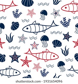 Fish seamless pattern minimalist backdrop. Naive blue and red duotone ocean scene with jellyfish and starfish. Surface background for wallpaper, textiles, and wrapping paper. Vector illustration