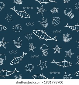 Fish seamless pattern minimalist backdrop. Naive ocean scene with shell, sealants, jellyfish, and starfish. Duotone surface background for wallpaper, textiles, and wrapping paper. Vector illustration