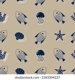 Fish seamless pattern minimalist backdrop. Naive blue and beige ocean scene with sea plants, jellyfish and starfish. Surface background for wallpaper, textiles, and wrapping paper. Vector illustration